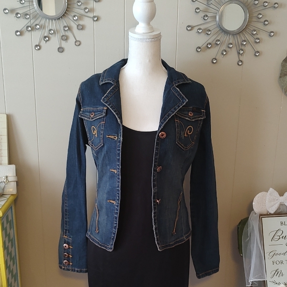 Y2K Rocawear Gold Embroidered Distressed  Blue Denim Fitted Jacket SZ Medium